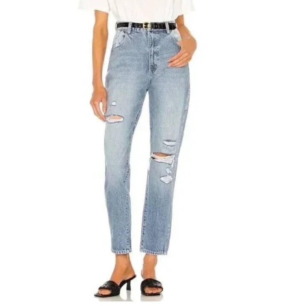 Rollas Elle Super High Rise Relaxed Distressed Straight‎ Leg Jeans Blue 25 Q2